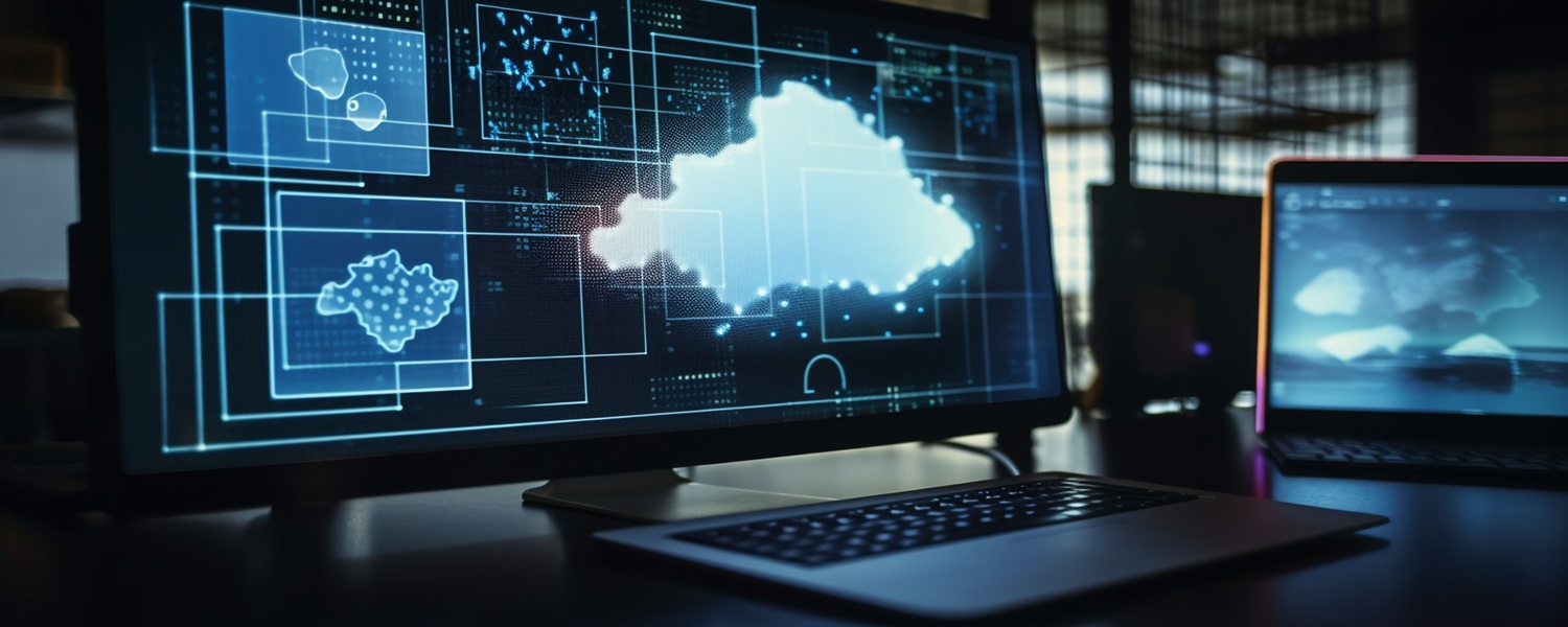 Glowing blue office desk with modern technology generated by artificial intelligence